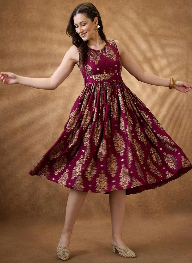 globus Globus Women Burgundy Ethnic Motifs Round Neck Belted Midi A-Line Dress